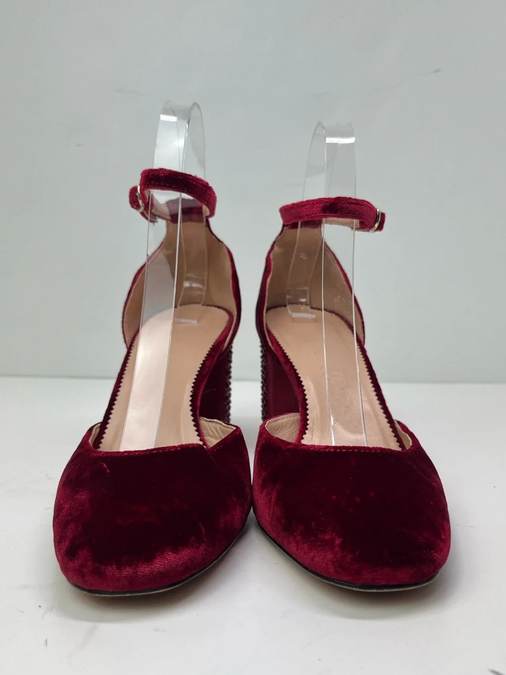 J. Crew Maisie Ruby Red Velvet Jewel Studded Ankle Strap Holiday Party Heels